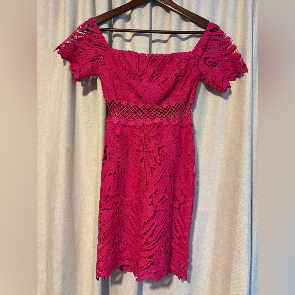 River Island Off the Shoulder Pink Lace Dress